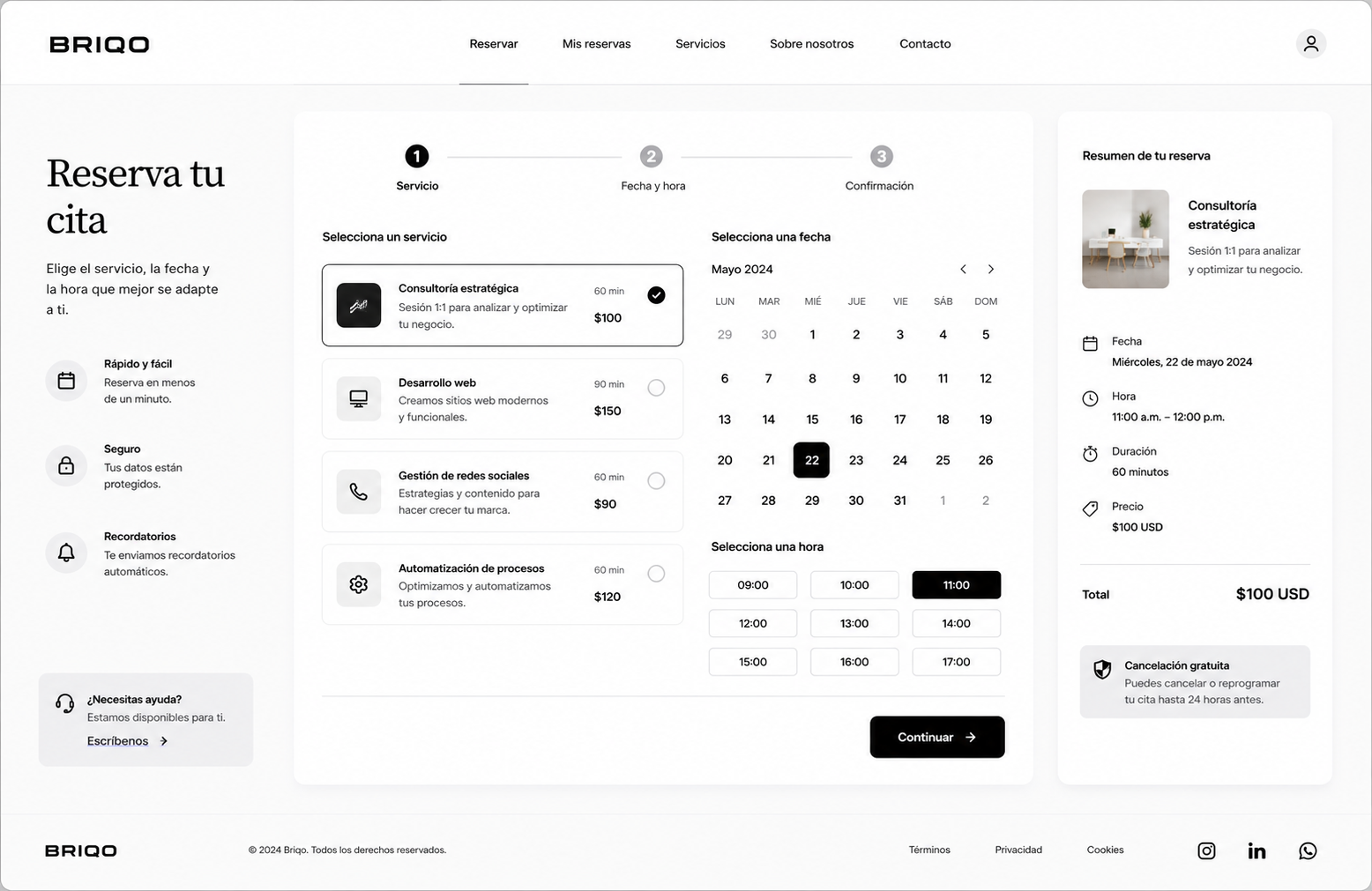 Mockup de sitio de reservas hecho por Briqo